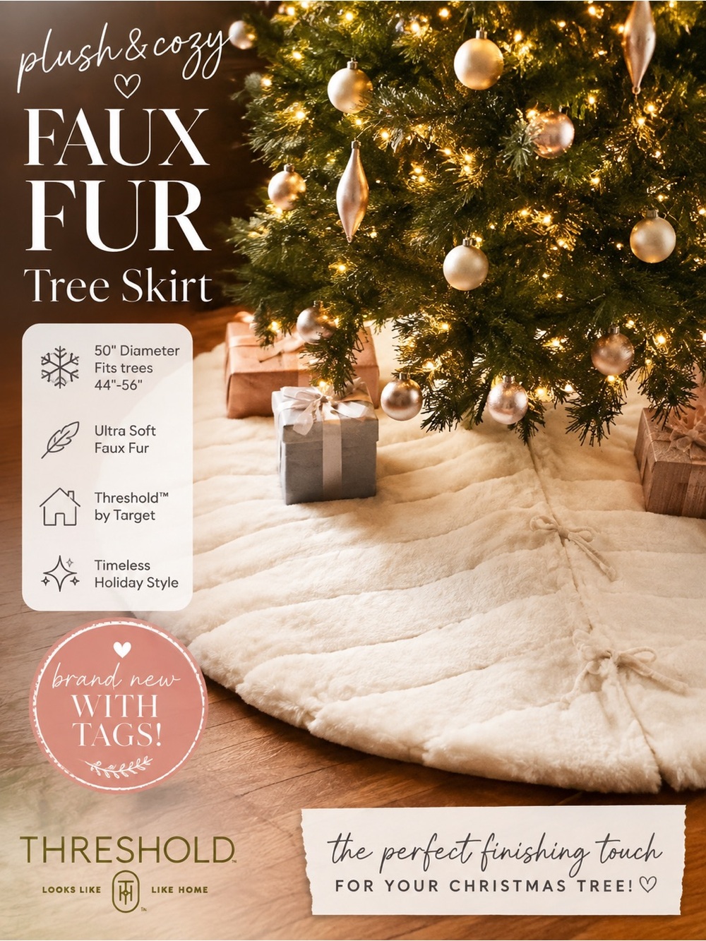 Threshold Faux Fur White Christmas Tree Skirt 50” NWT Holiday Decor